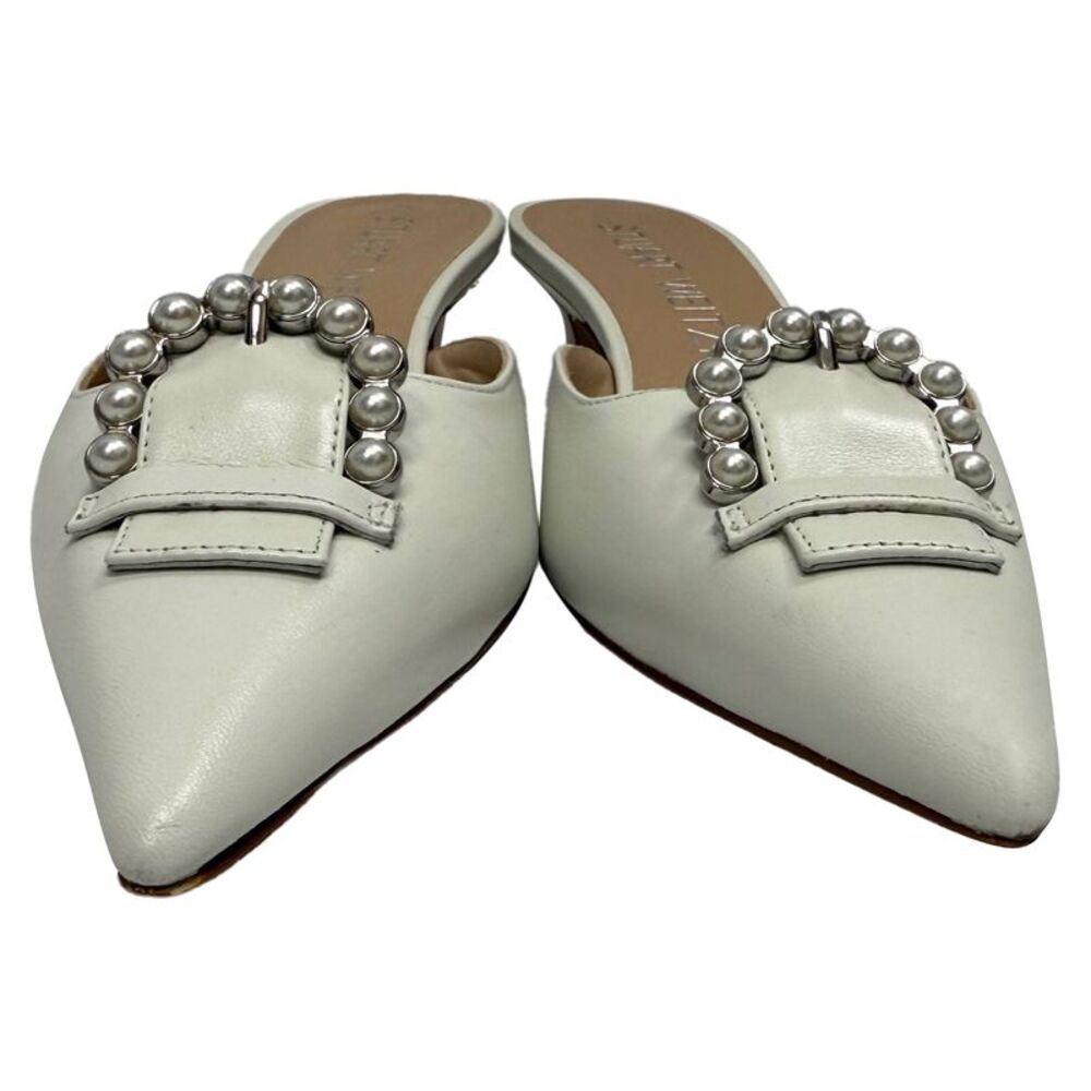 Stuart Weitzman Buckle-Embellished Kitten-Heel Mules in White Leather - Picture 3 of 11